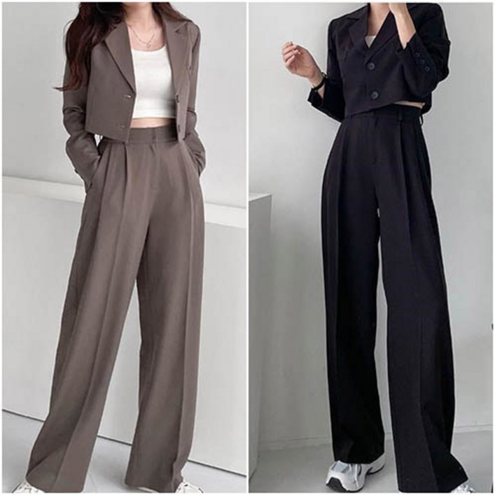 크림 크롭정장 자켓 블랙 와이드 뒷밴딩 슬랙스 세트