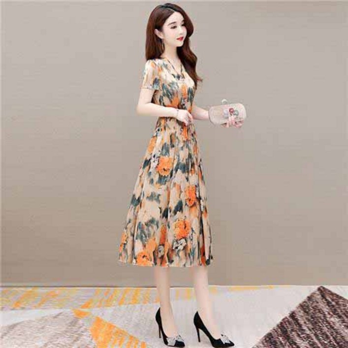 플라워 원피스 자녀복 신상 봄여름 반팔 작은 키에 마린 미디 스커트 changqun