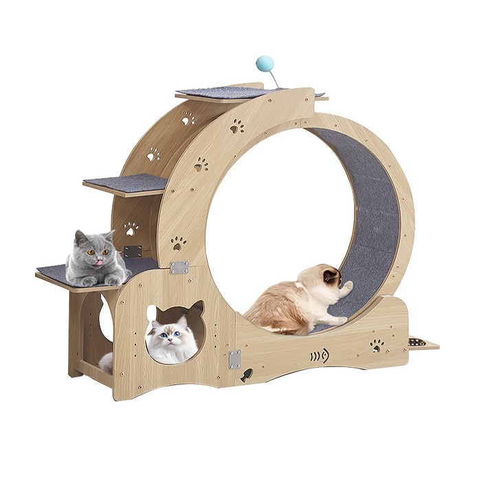 New World 고양이 캣 휠 워커 트레드밀 스크래쳐 펫 롤링 장난감 고양이 러닝머신 고양이 기어오르기 장난감 고양이 그릇 일체형, 1개, 원목색