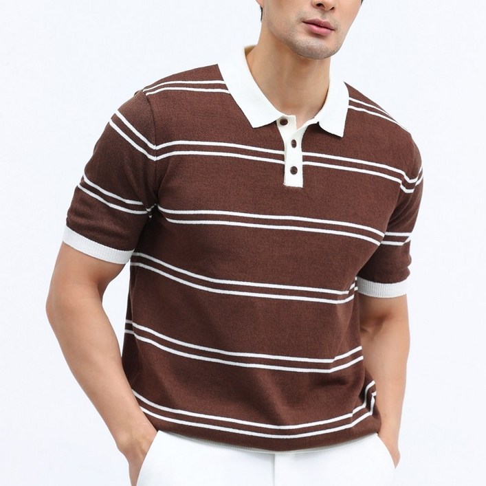 글리멜로 여름 남자 소프트 쿨링 스트라이프 니트 카라 반팔 티셔츠