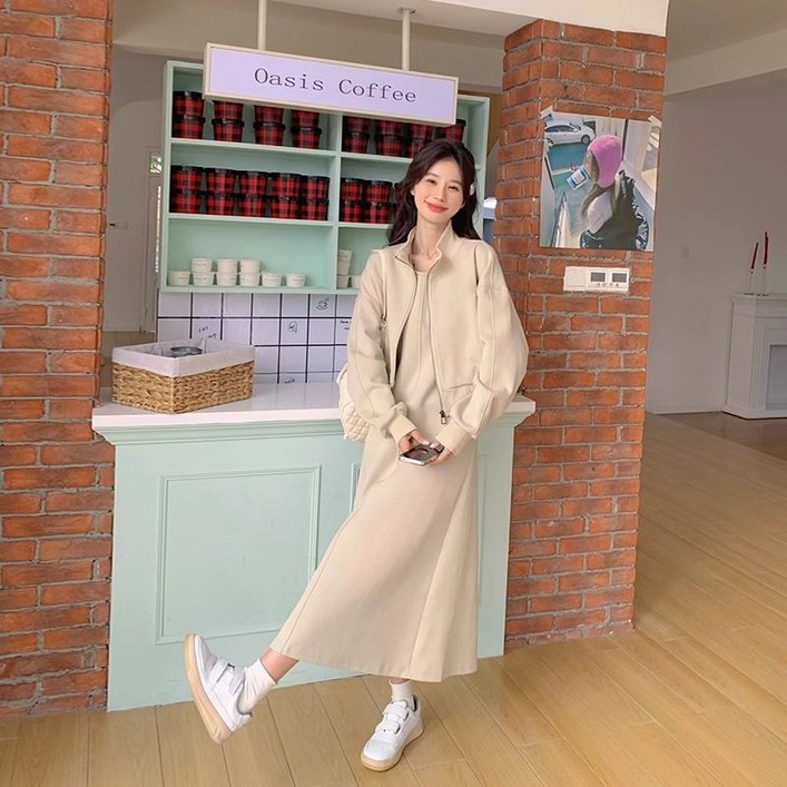 SAHINER 여성 집업 점퍼 크롭 자켓 스트레이트 롱 스커트 봄 가을 세트 BTZ14