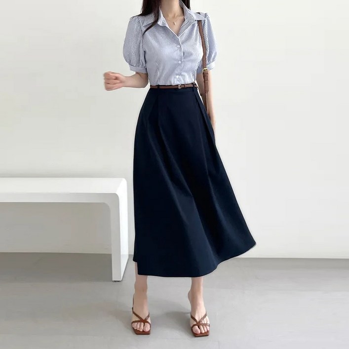 반팔 배색원피스 롱 데일리 아나운서 카라 원피스 결혼식 하객룩 벨트원피스