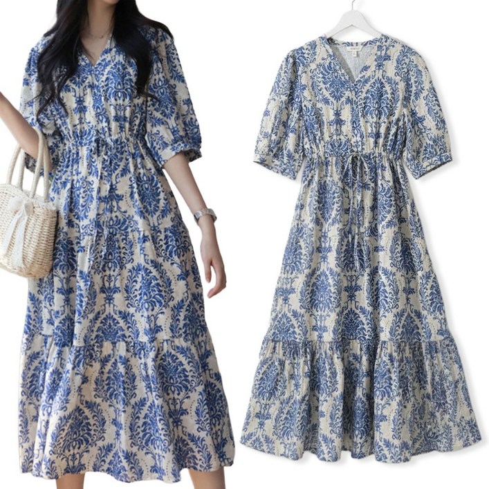 메리앤유 보태닉나염 볼륨있는 플레어라인 반팔원피스