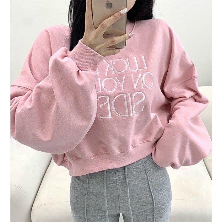 마이쏭 여성 봄신상 여리여리 LUCK레터링크롭맨투맨