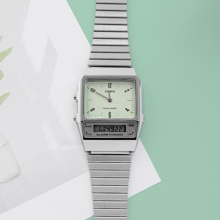 카시오 실버 화이트 민트 클래식 비즈니스 아나디지 사각 메탈 남녀공용 손목시계 AQ800