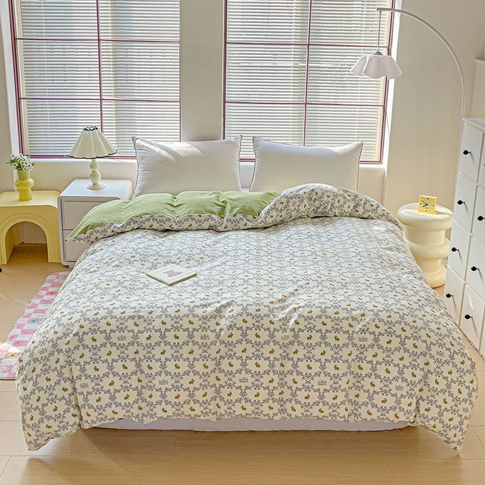 신상 무늬 고밀도 워싱 순면 이불커버 플라워 양면커버 침구 싱글 슈퍼싱글 더블 퀸 킹 라지킹, 토끼