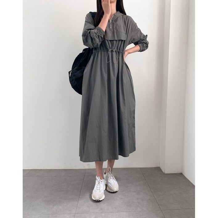 봄 가을 허리 스트링 아노락 바스락 플리츠 주름 긴팔 원피스