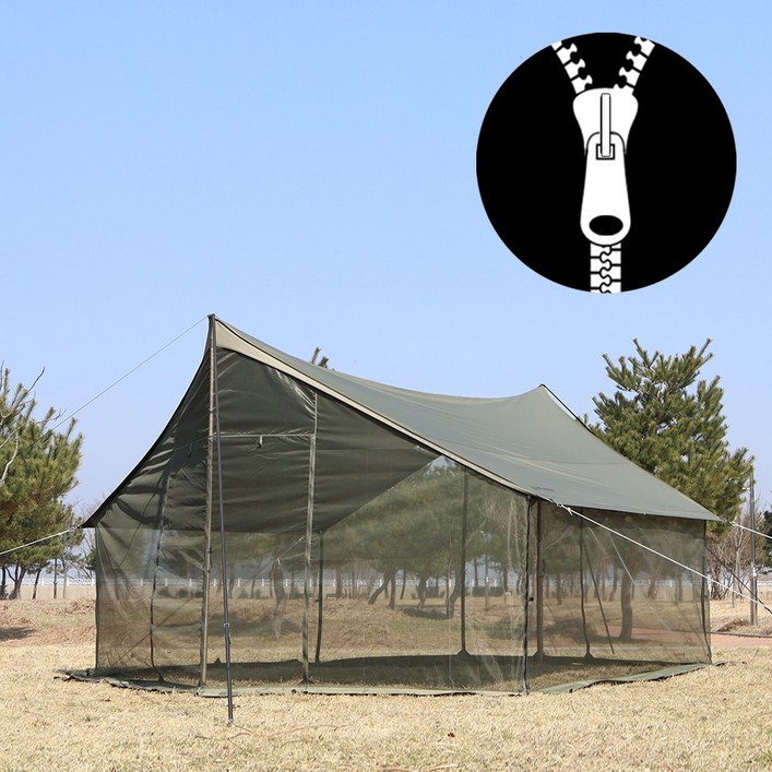 리메이드 국산 블랙코팅 지퍼 헥사 실타프+모기장 세트, 카키