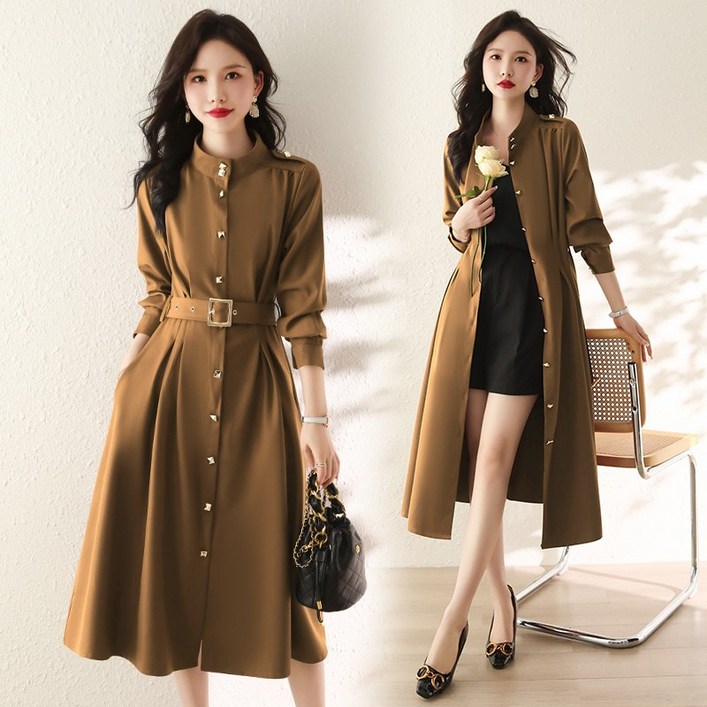 가을 원피스 허리 여밈 패션 심플 개성 기질 날씬해 보이는 통일러 트렌치 원피스 벨트 선물