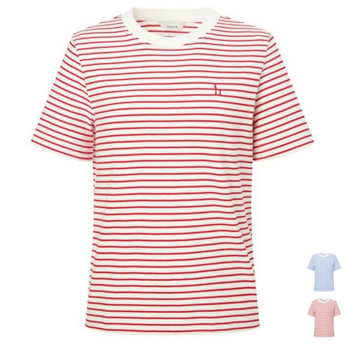 헤지스 레이디스 스트라이프 반소매 티셔츠 여성 의류 라운드넥 반팔티