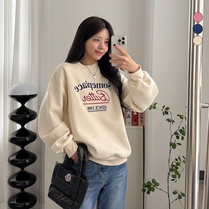 디테일웨어 여성 기모 썸웨이 맨투맨 자수 레터링 오버핏 긴소매 티셔츠 도톰한 여자맨투맨 귀여운 데일리룩 스웻셔츠