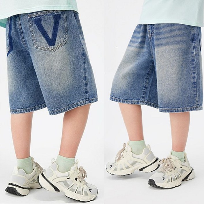 키즈목마 남아 신상 캐주얼 V포켓 5부 데님 팬츠 초등학생 주니어 통기성 부드러운 청 반바지 679