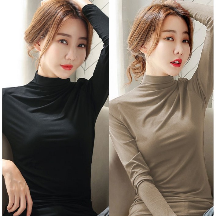 [1+1 2장] 봄 가을 겨울 여성 모달 스판 하이넥 이너티 슬림 긴팔 티셔츠