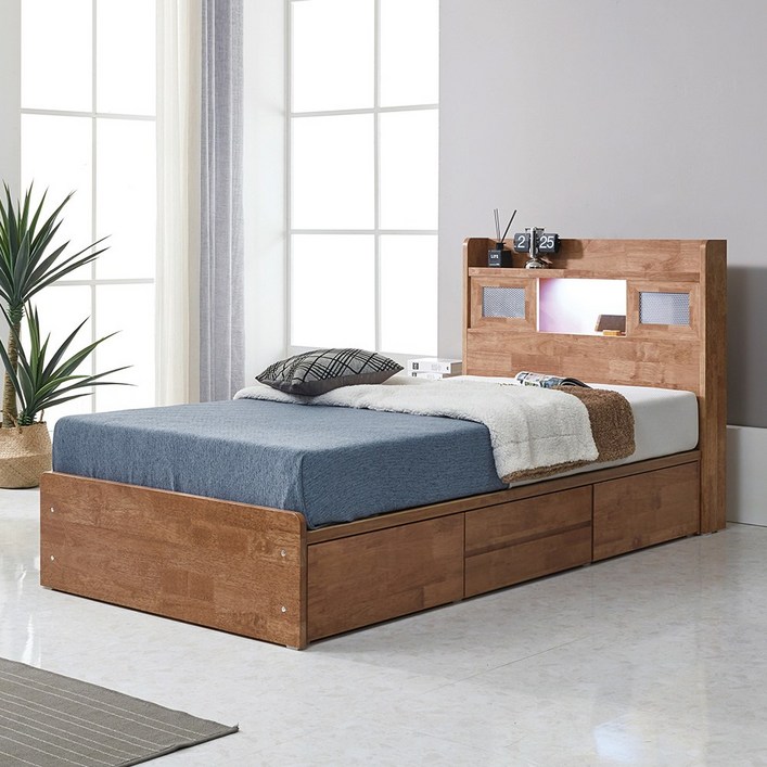 에일 고무나무 원목 LED 수납 퀸 사이즈 침대 프레임