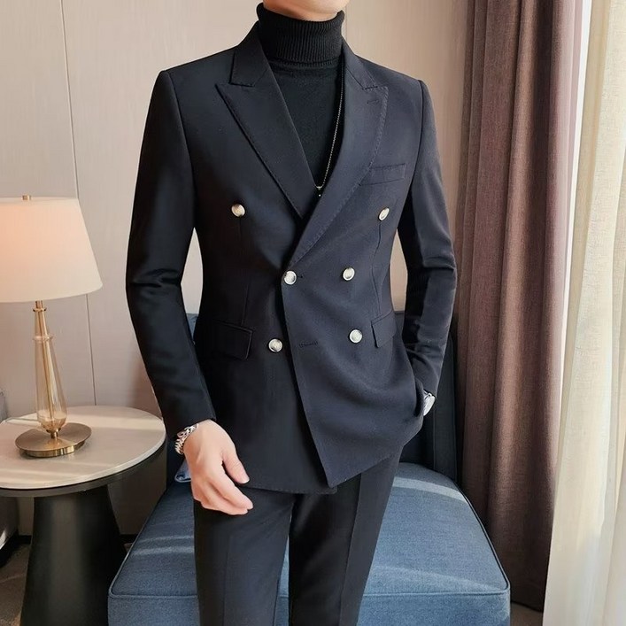 AOKADA 남자 슬림핏 봄 가을 데일리 솔리드 결론식 하객룩 레저 캐주얼 더블 블레이저 양복 상의 바지 자켓 남성 정장