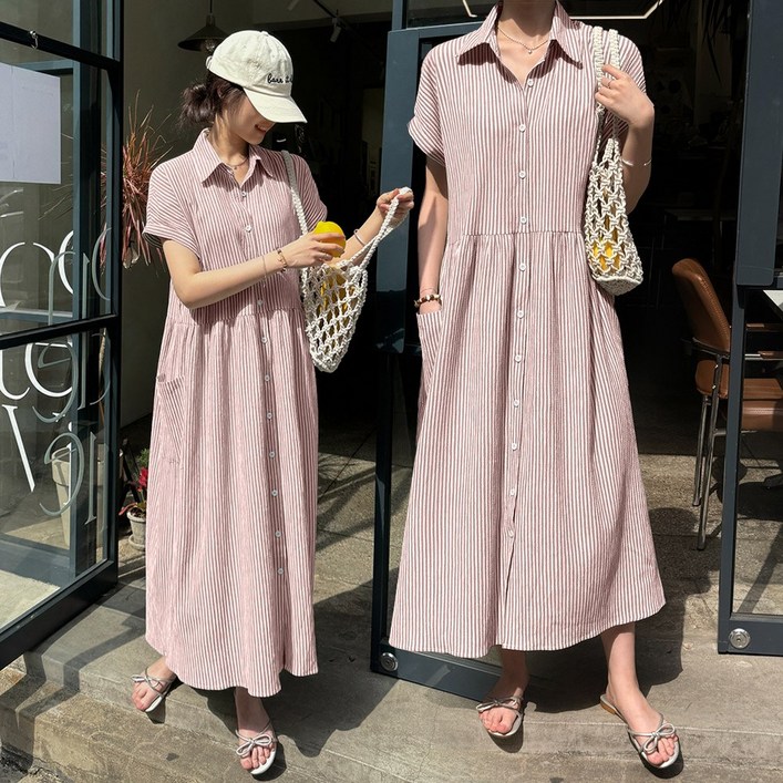 데일리앤 어반 루즈핏 캡소매 스트라이프 지지미 반팔 롱 셔츠 원피스 여름 휴양지 빅사이즈
