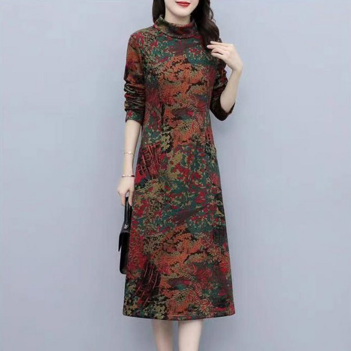 PEROLA 여성 기모 플라워 원피스 중년엄마 겨울 도톰 따뜻한 하이넥 패션 미디원피스