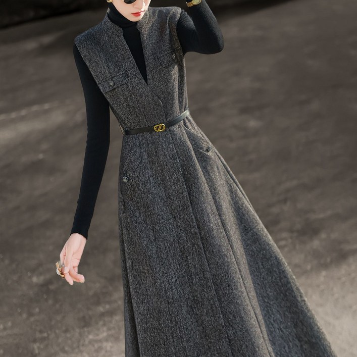 겨울 여성 모직 민소매 롱원피스 여성용 고급스러운 통근 스타일 슬리브리스 허리 조절 포켓 드레스 LCL