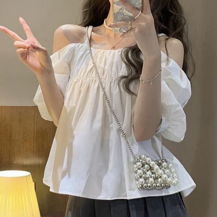 쁘띠꼬모 여성 어깨끈 오프숄더 셔링 퍼프 소매 반팔 블라우스