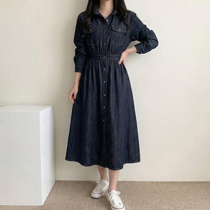 쪼꼬마미 데님 허리밴딩 셔츠형 롱 원피스 2컬러