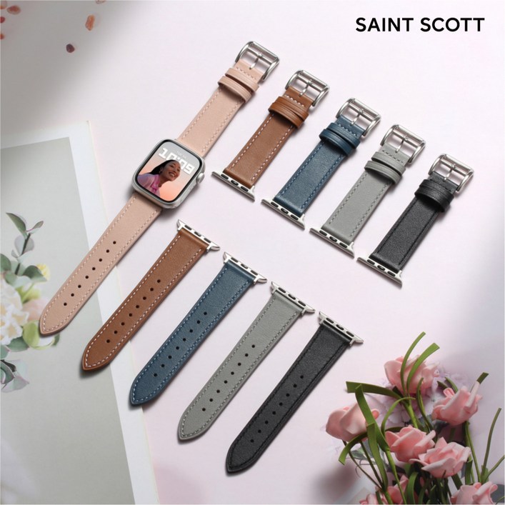 세인트스코트 STRL01 애플워치 호환 스트랩 프리미엄 소가죽 밴드, 골드 탄실버 커넥터, 1개