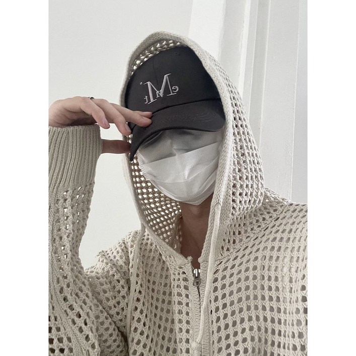 Netting knit hood zip up 메쉬 그물 니트 후드 집업 펀칭 워머 투웨이