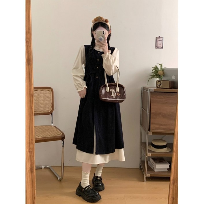 POMTOR 여성 루즈핏 코듀로이 셔츠  데일리 뷔스티에 원피스 투피스 세트