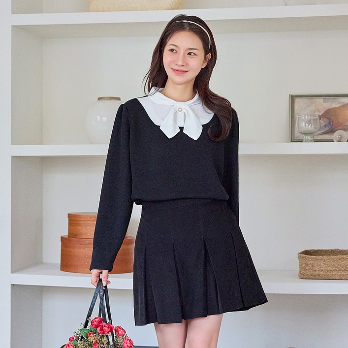 로로텐 리본 타이 배색 니트 블라우스 긴팔 여성 빅사이즈