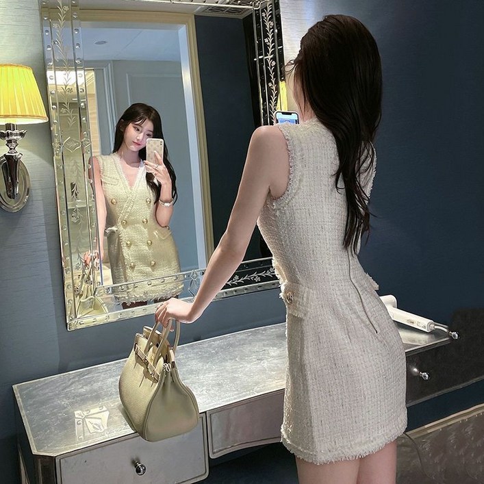 셀럽당 여성 트위드 브이넥 민소매 슬림핏 힙스터 원피스