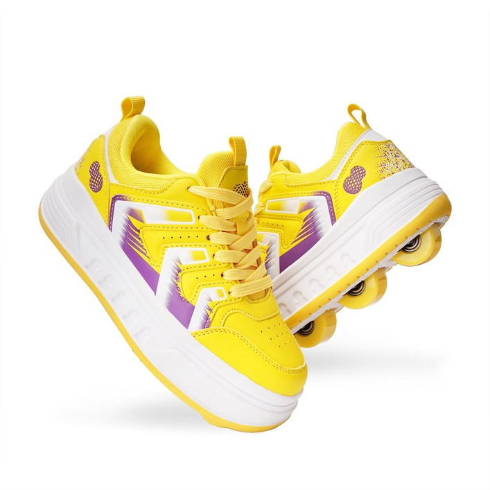 바퀴 달린 신발 간편한 롤러슈즈 4륜 롤러 스케이트화 스케이트 롤러 남녀 롤러스케이트 바퀴신발, 노란색, 1개