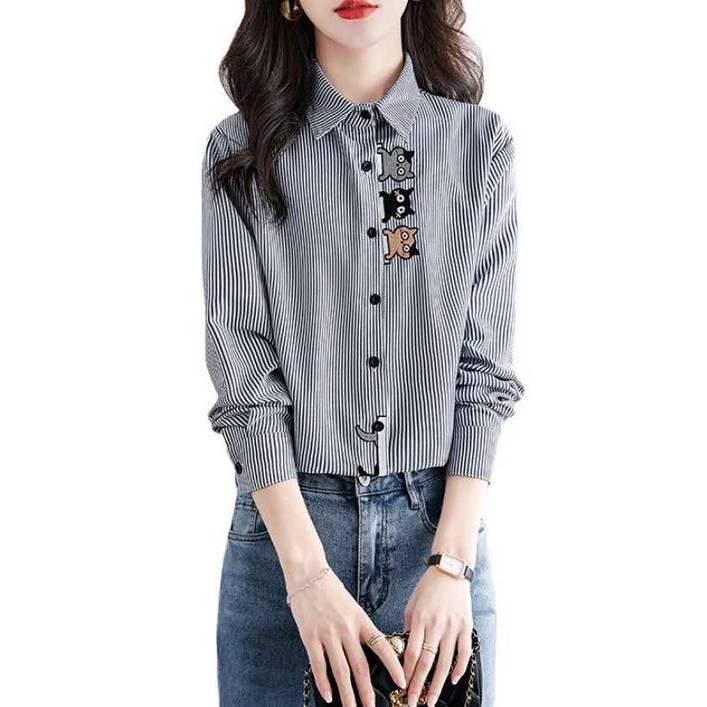 봄 가을 여성 스트라이프 카라 얇은 고양이 자수 긴팔 셔츠, 출근룩 데일리 블라우스