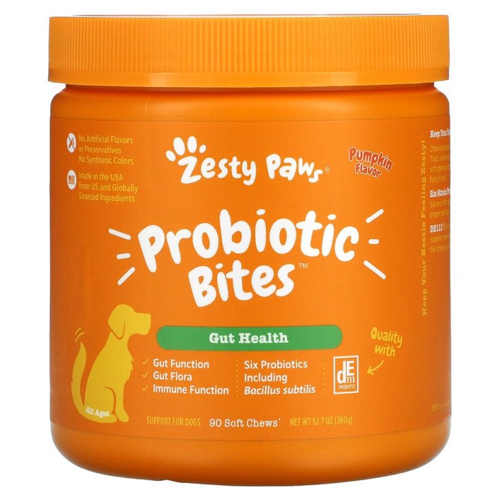 Zesty Paws (제스티 포우즈) 반려견용 Probiotic Bites 장 건강 전 연령 호박 맛 소프트 츄 90개 360g(12.7oz)