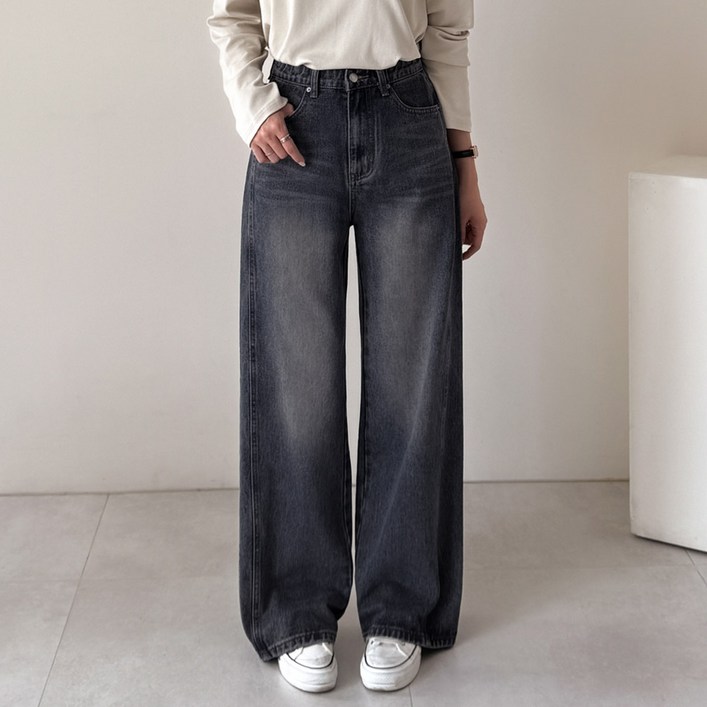 데일리앤 르벤 기장선택 여성 빅사이즈 밴딩 와이드 난스판 절개 데님 팬츠 빈티지 워싱 청바지 봄 가을 간절기