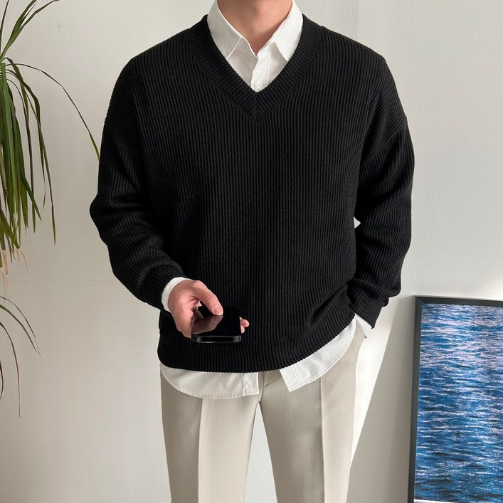 남자 제인드 브이넥 오버핏 니트 긴팔 스웨터 티셔츠 옷 가을 겨울 간절기 옷 코디 - 쇼핑앤샵