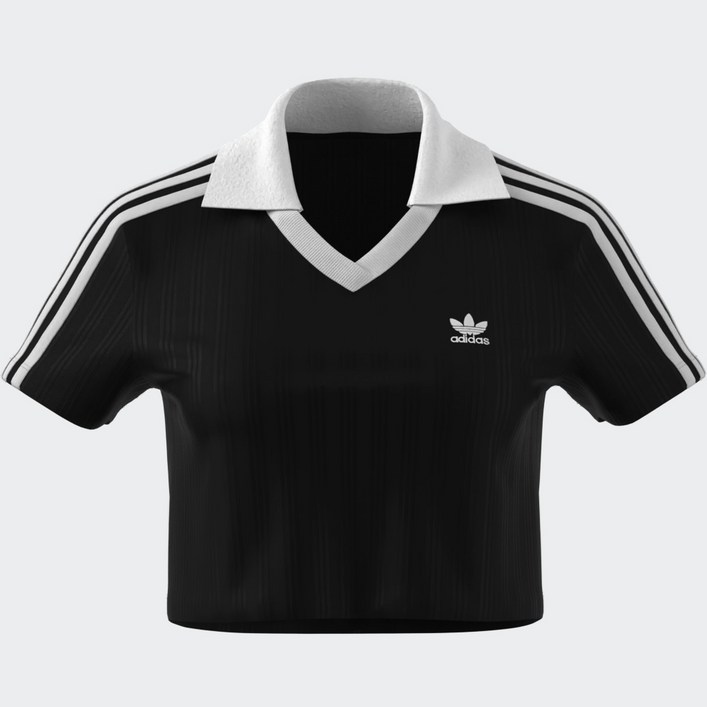 아디다스 우먼 아디컬러 풋볼 자카드 브이넥 크롭 셔츠 여성반팔티 여자반팔티 삼선반팔티 짧은반팔티 JD2606