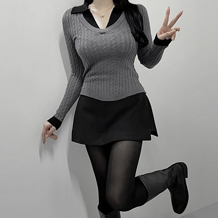 VANANA2 레이어드느낌 여성 세미오피스 카라넥 꽈배기 스웨터 배색 일체형니트