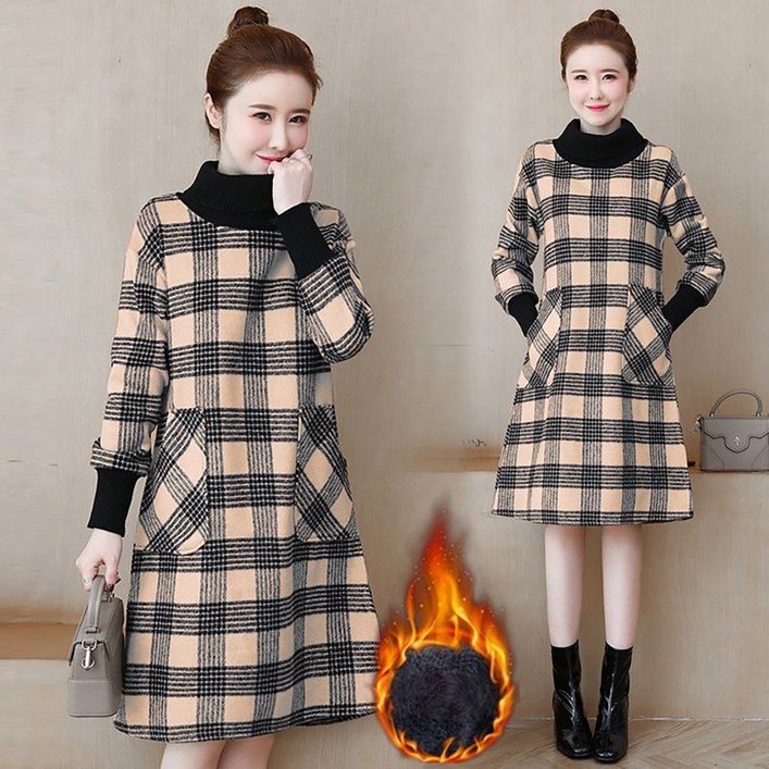 ROYALBELLE 여성 고급 하이넥 긴팔 하프기장 기모 원피스 빅사이즈 체크 패치워크 맨투맨 원피스 Z0111525