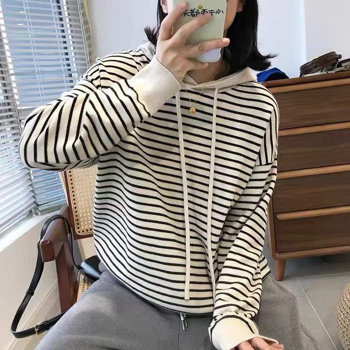 Seofst 여성 봄가을 빅사이즈 스트라이프 루즈핏 긴팔 맨투맨