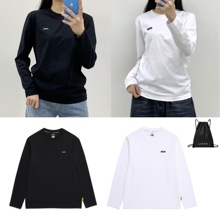 내셔널지오그래픽 긴팔 티셔츠 남녀공용 베이직 로고 커플 레이어드 긴팔티 면티(르베로가방 지급)