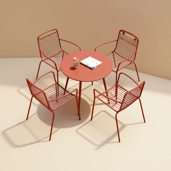 야외 테라스 파라솔, 레드 테이블 1 의자 4