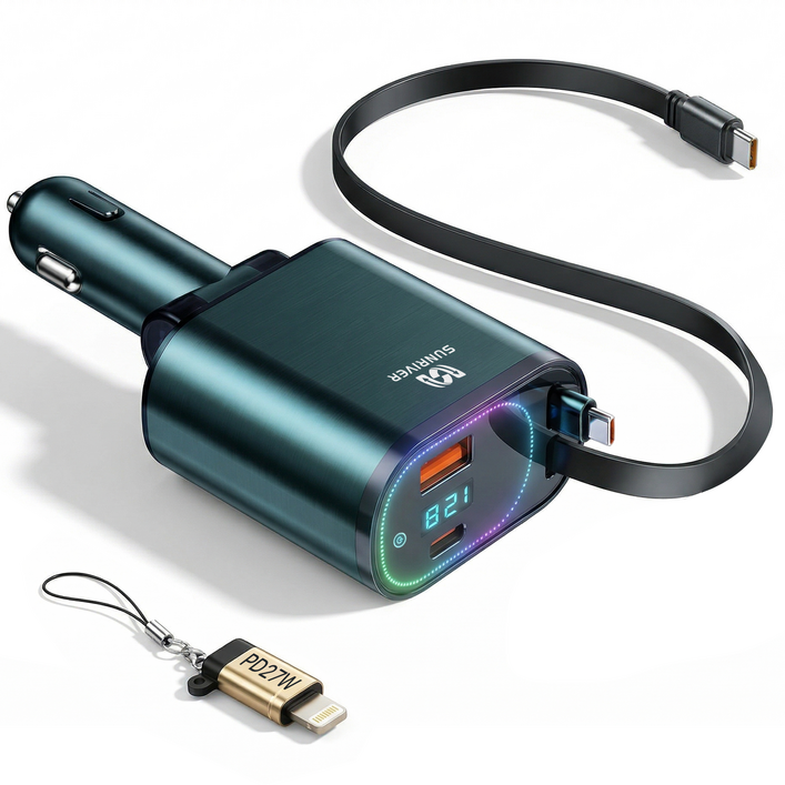 SUNRIVER 차량용 초고속 충전기 240W 3세대 4in1 C타입 2개 애플 변환 잰더 포함 PD USB 4대 동시 충전, 240W앰레인보우 램프C타입to애플 변환 젠더, S8