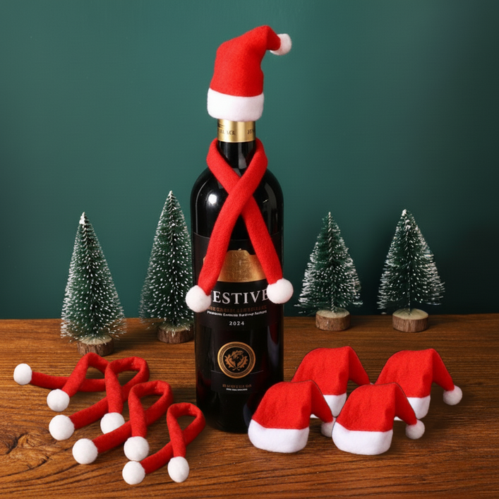 마켓투율 크리스마스 파티 와인 미니 산타모자+목도리 세트 5p 뚜껑 커버 장식, 1개