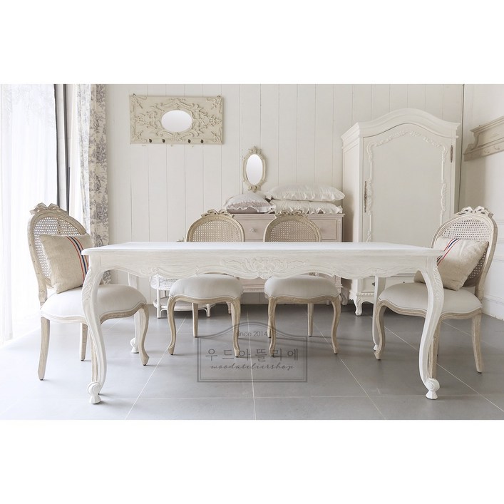 베로니크 다이닝 테이블, 모던프렌치 쉐비시크 우드아뜰리에 식탁, 8인용, 러스틱화이트