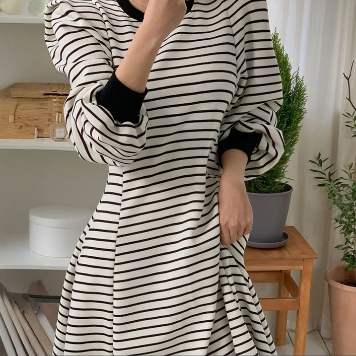 떳다그녀 브롱 핀턱 퍼프소매 꾸안꾸 포켓 데일리룩 단가라 스트라이프 무지 맥시 롱원피스