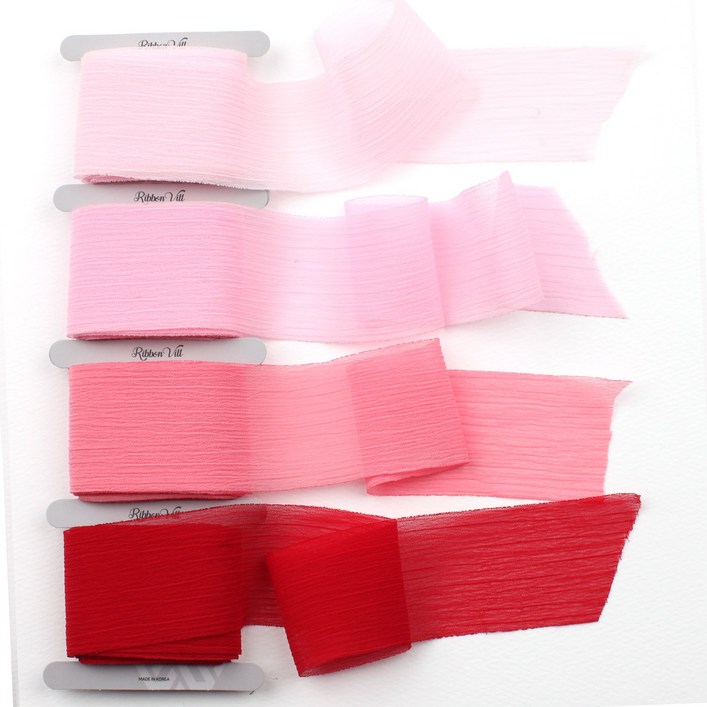 리본빌 쉬폰 리본끈 세트, 주름 리본(4색 3마씩), F.레드&핑크(Red&Pink)