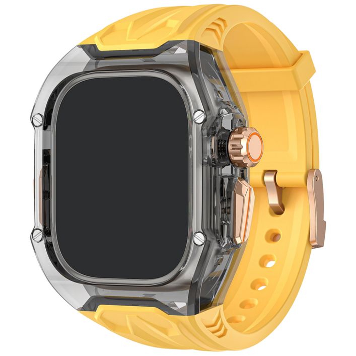애플워치 호환 일체형 풀커버 투명수지 케이스 고무 스트랩 세트 11 10 9 8 7 6 SE123 494645444140mm 울트라123 밴드, 반투명블랙 옐로