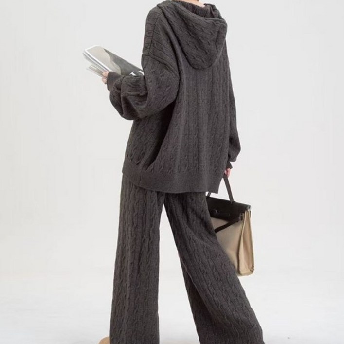 LIRICO 여성 후드 니트 셋업 집업 니트 상하 세트