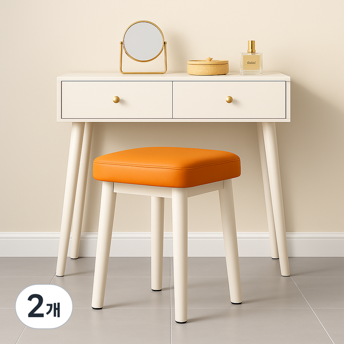 솜솜스퀘어 푹신한 PU가죽 쿠션 화장대 스툴 의자, 2개, 오렌지