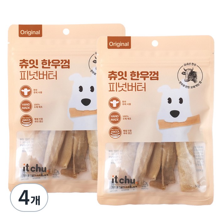 츄잇 한우 가죽껌, 피넛버터, 50g, 4개