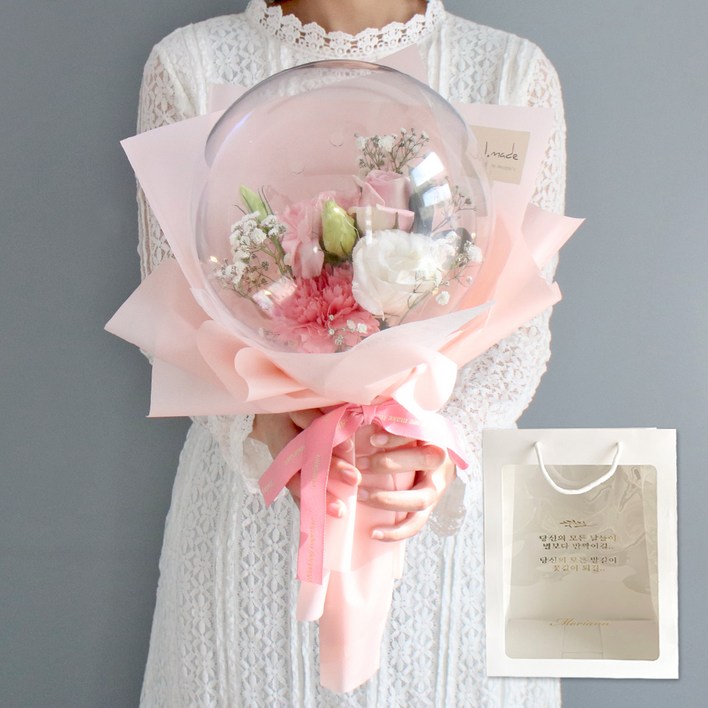 [로켓프레시] 모리앤 제이메이드 조명 풍선 생화 꽃다발 + 레터링 쇼핑백, 핑크
